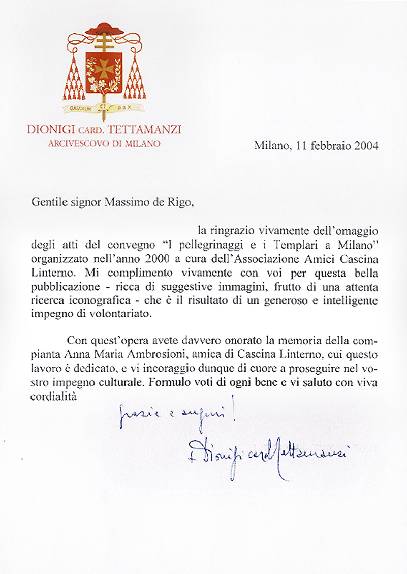 Lettera di encomio del Cardinale Tettamanzi (2004)