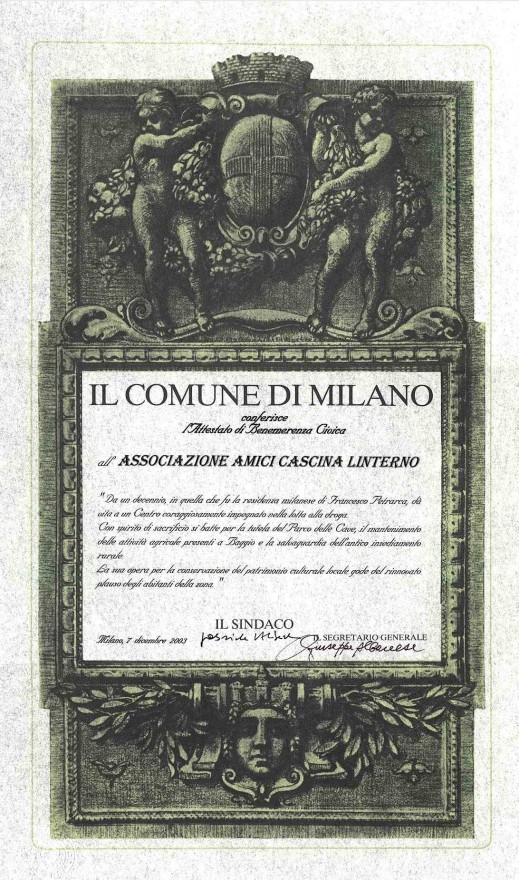 Attestato di Benemerenza Civica dell'Ambrogino d'Oro all'Associazione Amici Cascina Linterno