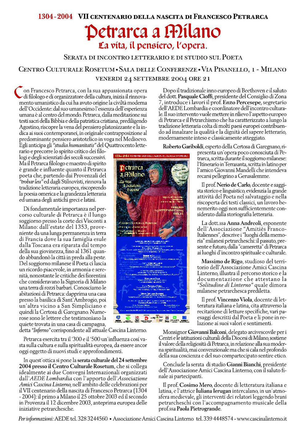 Comunicato stampa del Convegno 'Petrarca a Milano' (2004)