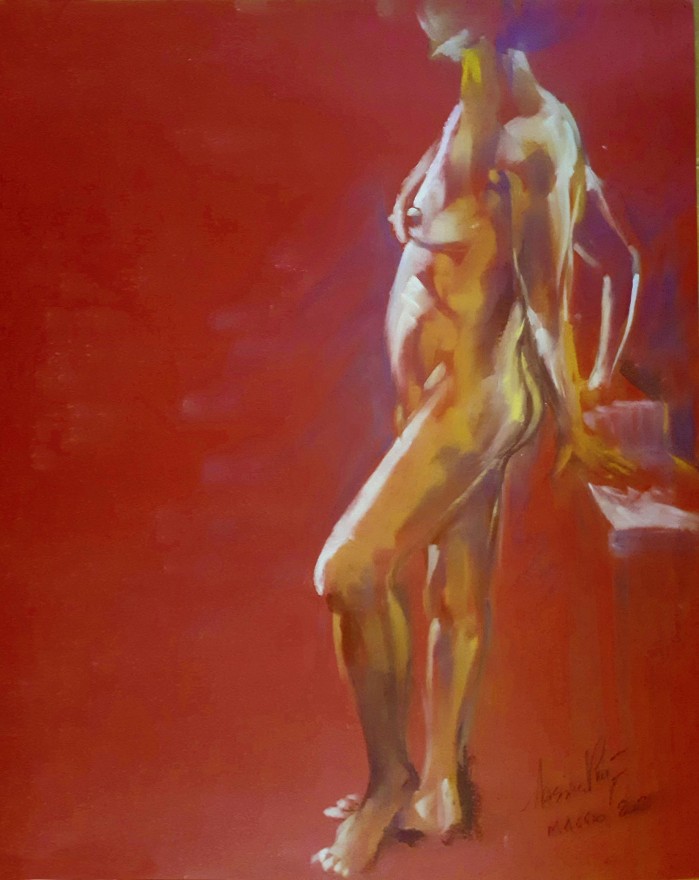 Clelia, modella nuda in piedi. Pan pastel su cartoncino (2021)