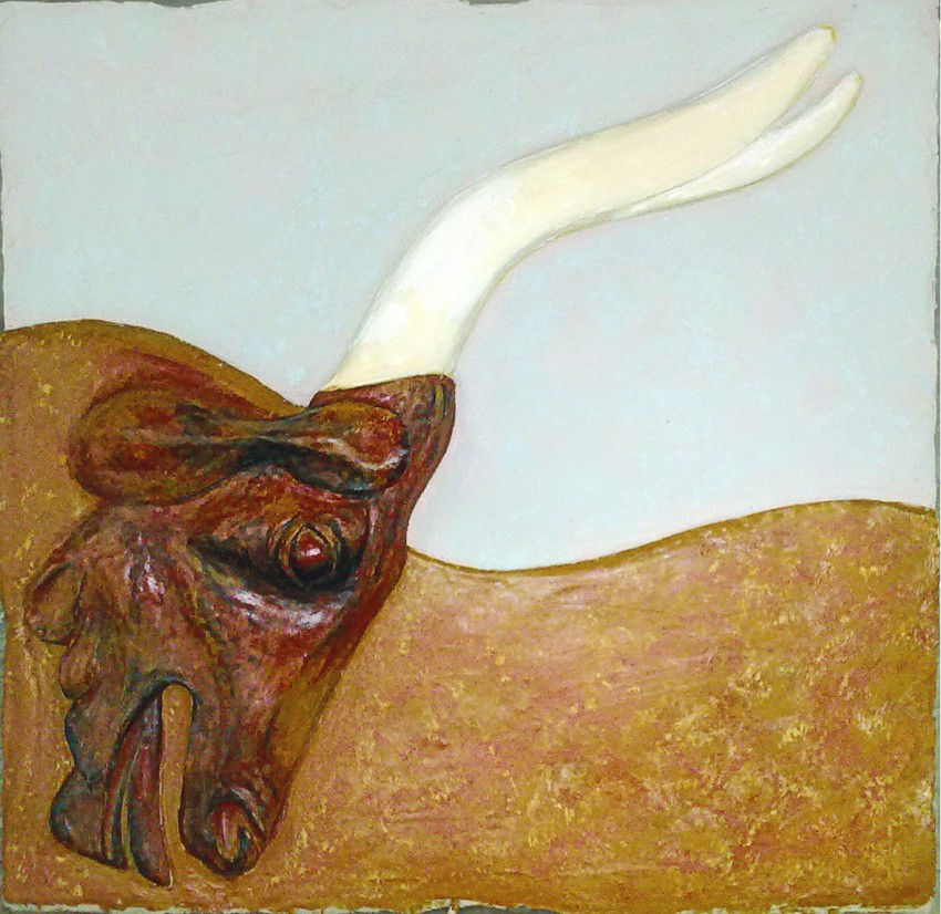 Minotauro, bassorilievo in creta tecnica mista pittura materica (2014)