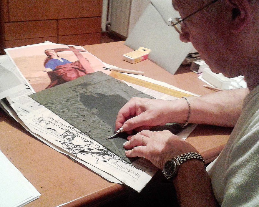 Sant'Elena, linoleografia. Preparazione della matrice in rilievo (2018)