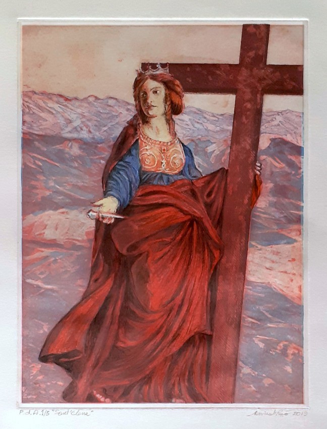 La Vera Croce, ritrovata da Flavia Giulia Elena. Acquatinta a sei colori (2019)